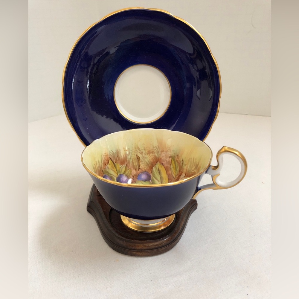 Aynsley Tea Cup & Saucer Cobalt Blue Orchard Fruit England Bone China Gold Rim - Picture 2 of 11